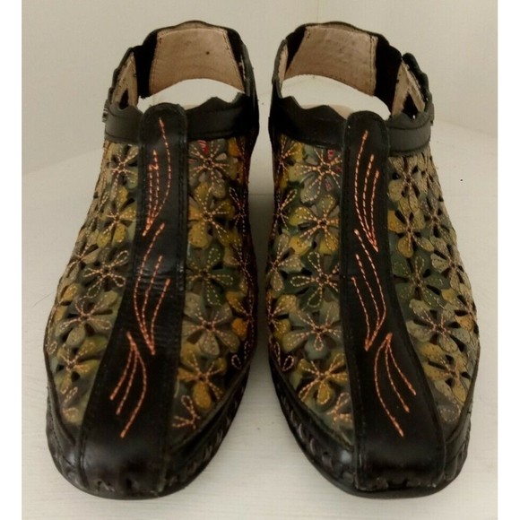 Pikolinos Romano Black Green Floral Cutout Slip-On Shoes Size EU 36 US 5.5 6 - Picture 2 of 9